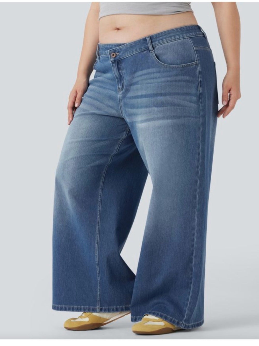 Halara Wide Leg Plus Size Blue Jeans - Classic Stretch Asymmetric Denim Jeans
